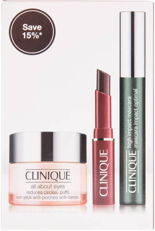 Clinique Touch Down, Touch Up meigikomplekt – High Impact, All About Eyes ja Almost Lipstick – kinkekomplekti tootefoto